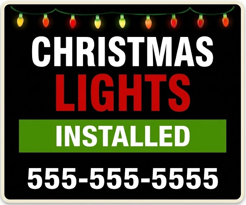 Black yard sign with text reading Christmas Lights Installed and green phone number banner.