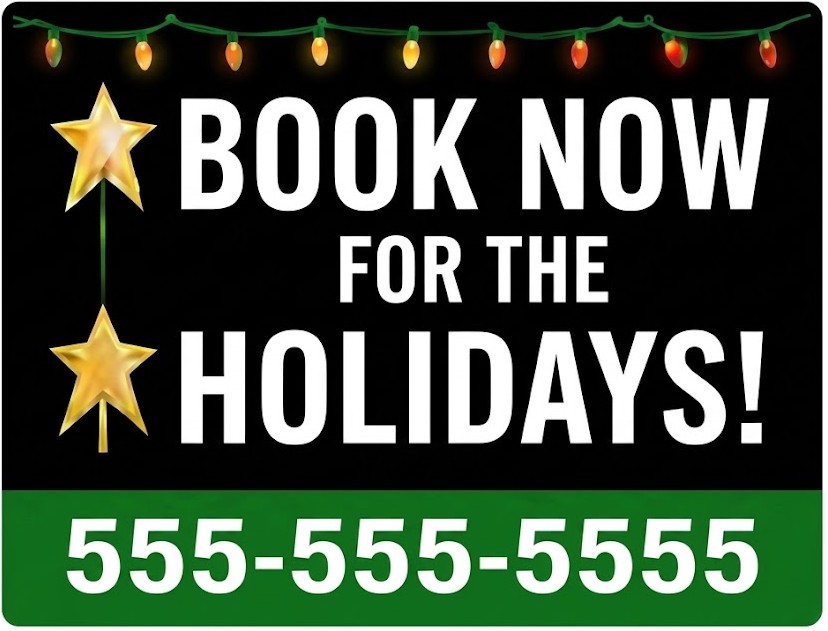 Black sign with two gold stars and a string of bulbs reading Book Now for the Holidays.
