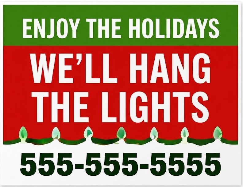Green and red sign reading Enjoy the Holidays We'll Hang the Lights with green bulb graphics.