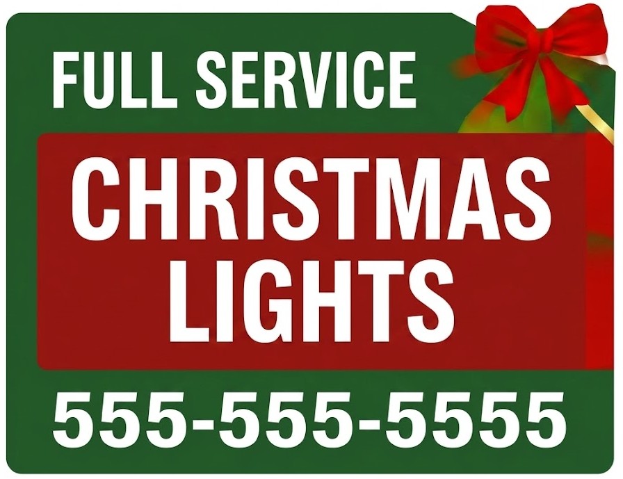 Green border sign with a red center block reading Full Service Christmas Lights and a red ribbon bow.