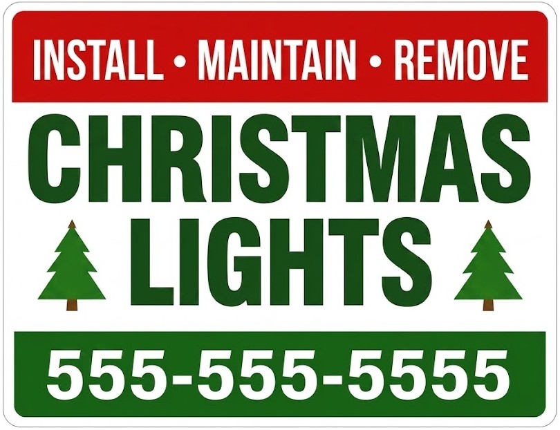 White sign with a red top bar reading Install Maintain Remove and green text reading Christmas Lights.
