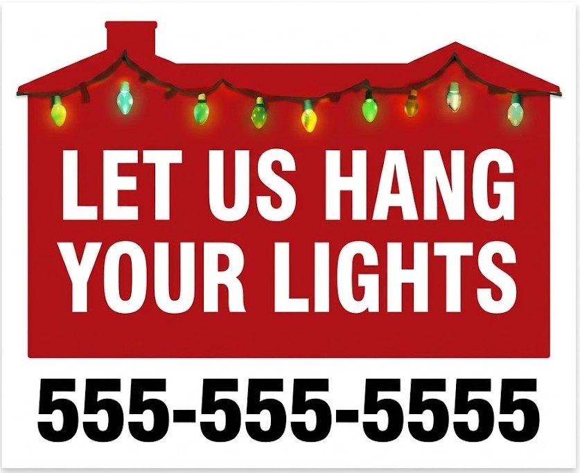 Red house graphic sign with a string of holiday bulbs and text reading Let Us Hang Your Lights.