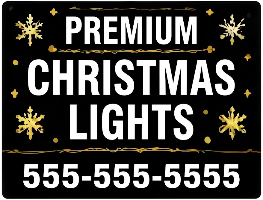 Black lawn sign with gold snowflakes and stars reading Premium Christmas Lights.