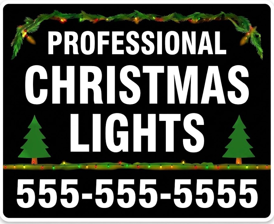 Black sign template with green pine garland, illustrated trees, and text reading Professional Christmas Lights.