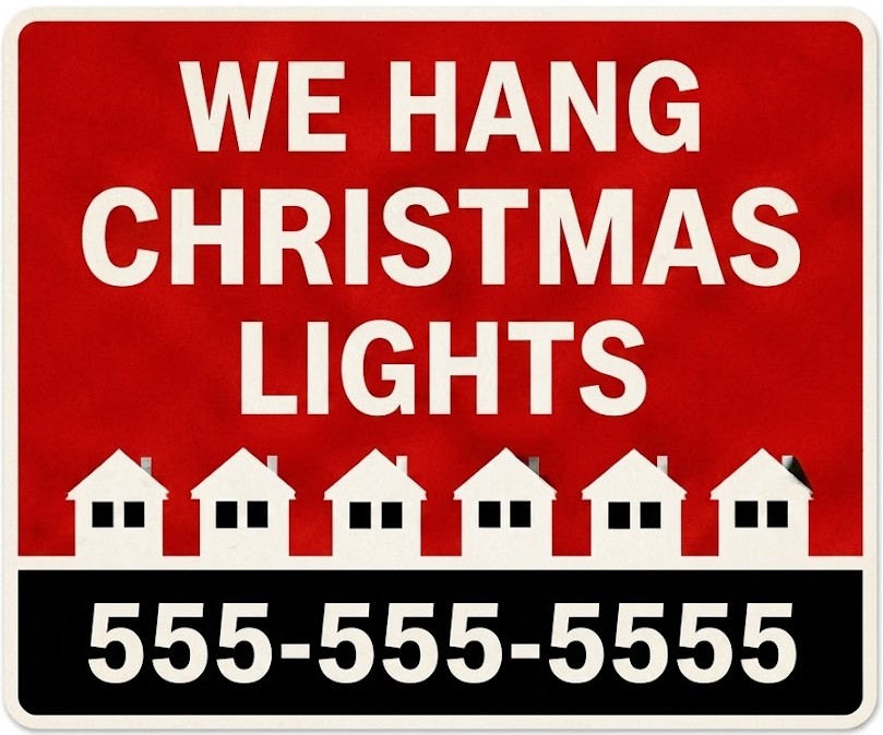 Red sign with white text reading We Hang Christmas Lights above five white house silhouettes.