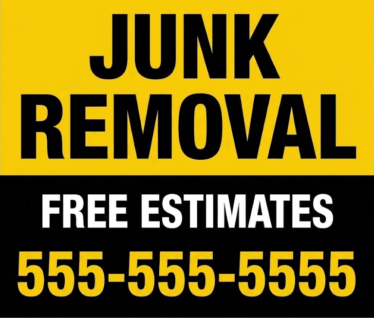 Yellow junk removal sign with free estimates and phone number