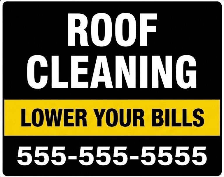Roof cleaning lower your bills sign for roof maintenance and cleaning