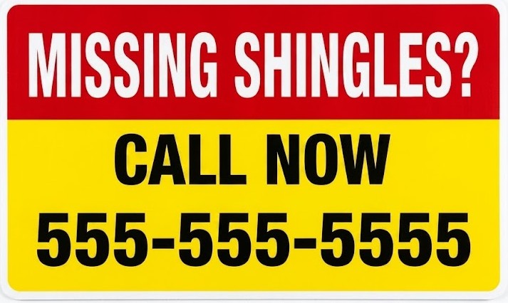 Missing shingles call now sign for problem-focused roofing leads