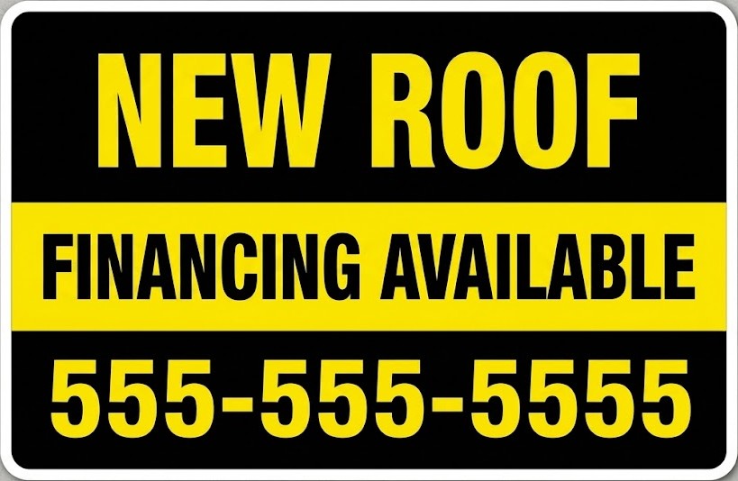 New roof financing available sign for roof replacement offers