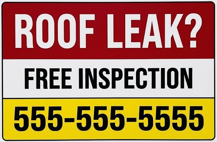 Roof leak free inspection sign with phone number for emergency roofing repairs