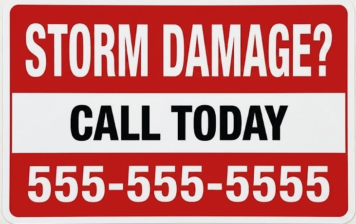 Storm damage call today sign for hail and wind roof repair