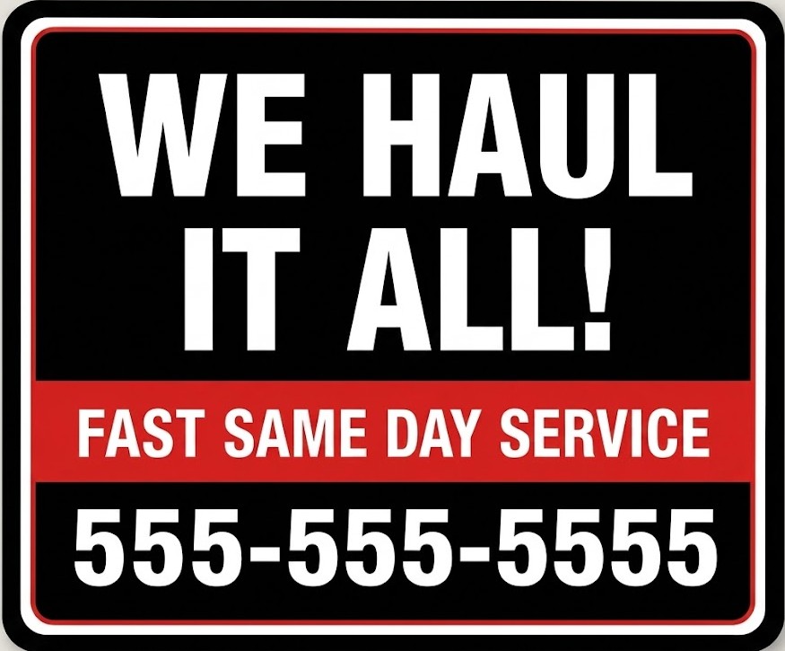 We Haul It All junk removal yard sign with same day service phone number