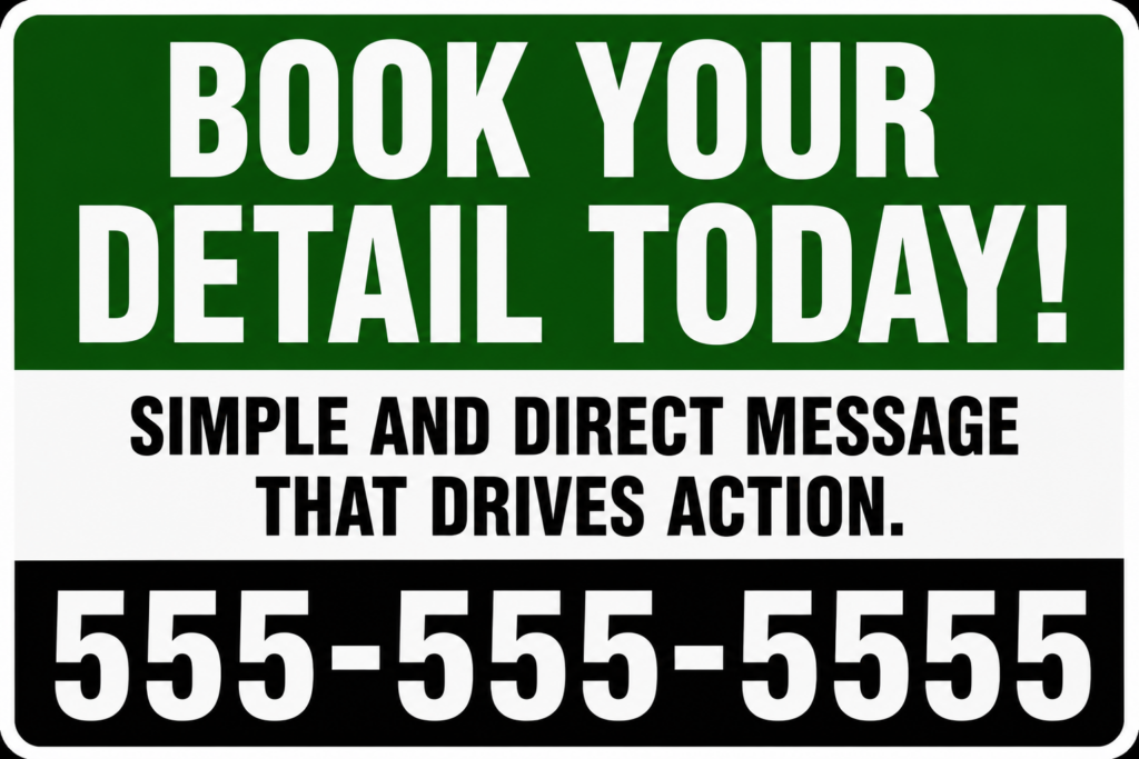 Auto detailing yard sign that says Book Your Detail Today with phone number