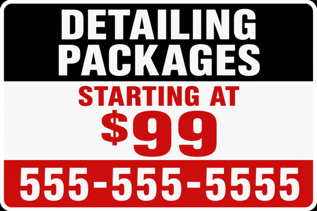Auto detailing yard sign that says Detailing Packages Starting at $99 with phone number