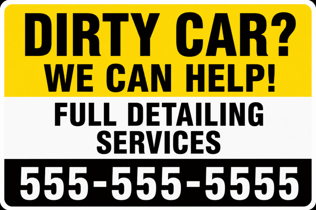 Auto detailing yard sign that says Dirty Car, We Can Help, Full Detailing Services