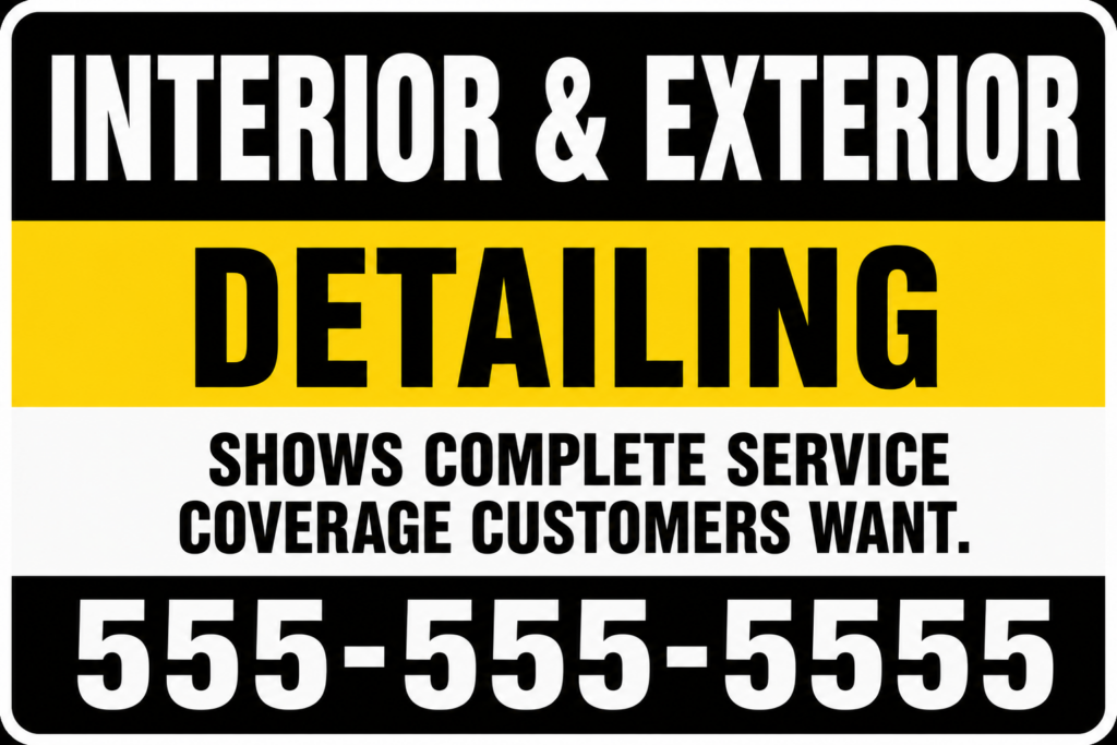Auto detailing yard sign that says Interior and Exterior Detailing with phone number