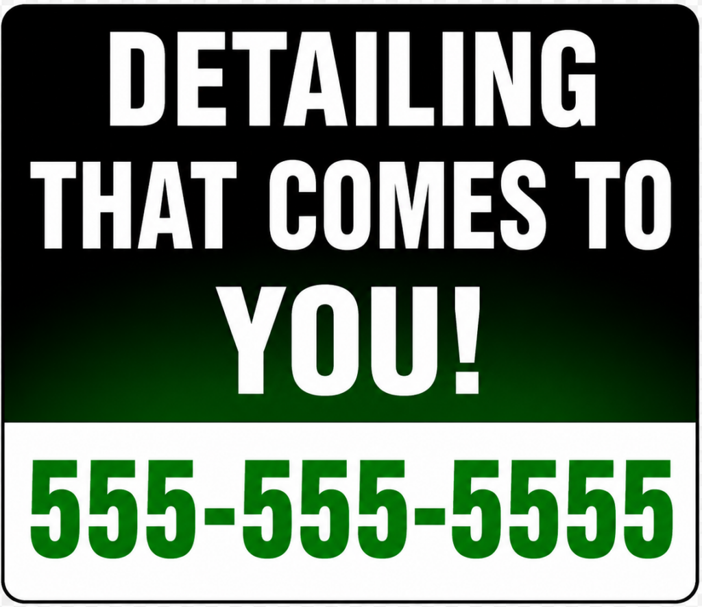 Auto detailing yard sign that says Detailing That Comes To You with phone number