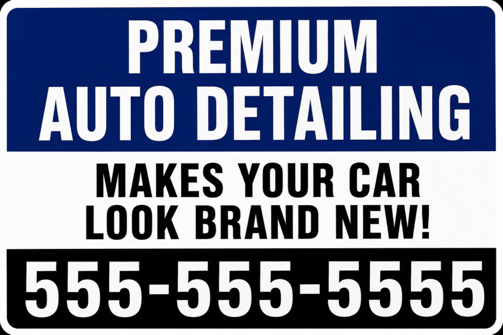Auto detailing yard sign that says Premium Auto Detailing, Makes Your Car Look Brand New