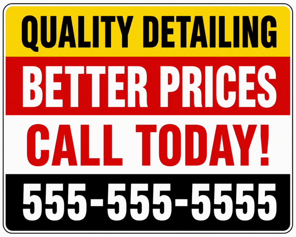 Auto detailing yard sign that says Quality Detailing, Better Prices, Call Today