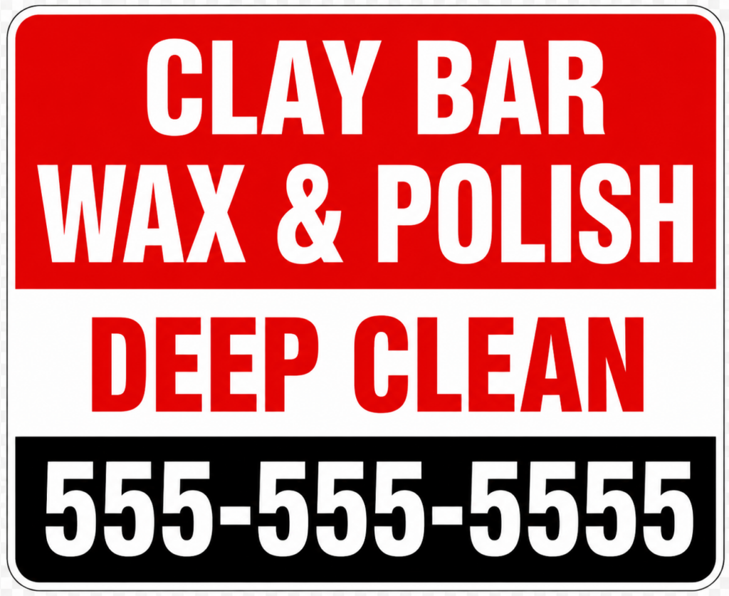 Auto detailing yard sign that says Clay Bar, Wax and Polish, Deep Clean