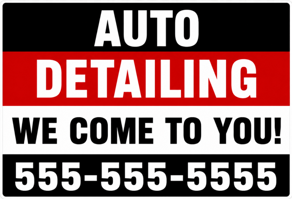 Auto detailing yard sign that says Auto Detailing, We Come To You with phone number