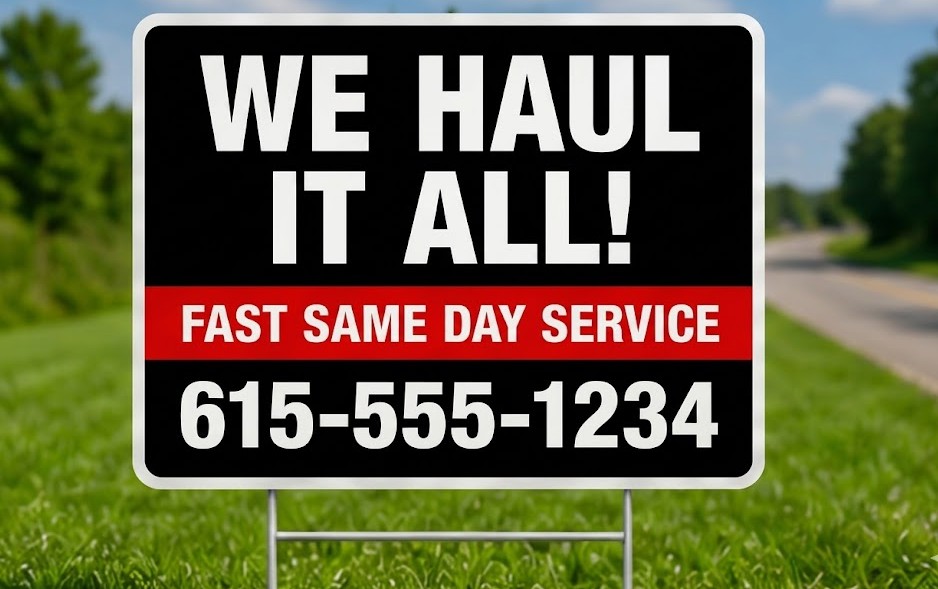 Junk removal bandit sign with “We Haul It All” message and phone number displayed on grass
