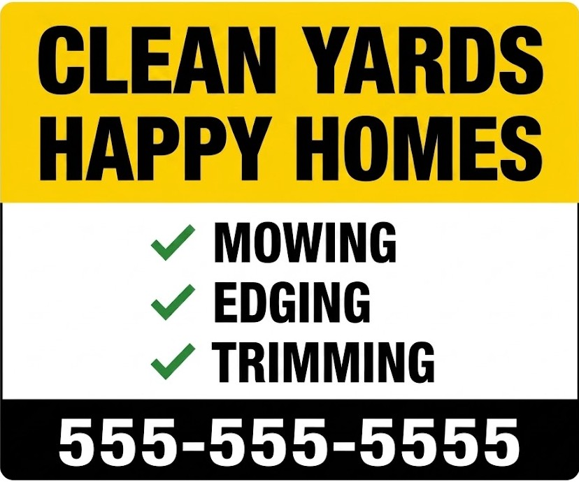 Clean Yards Happy Homes lawn care bandit sign for mowing edging and trimming services