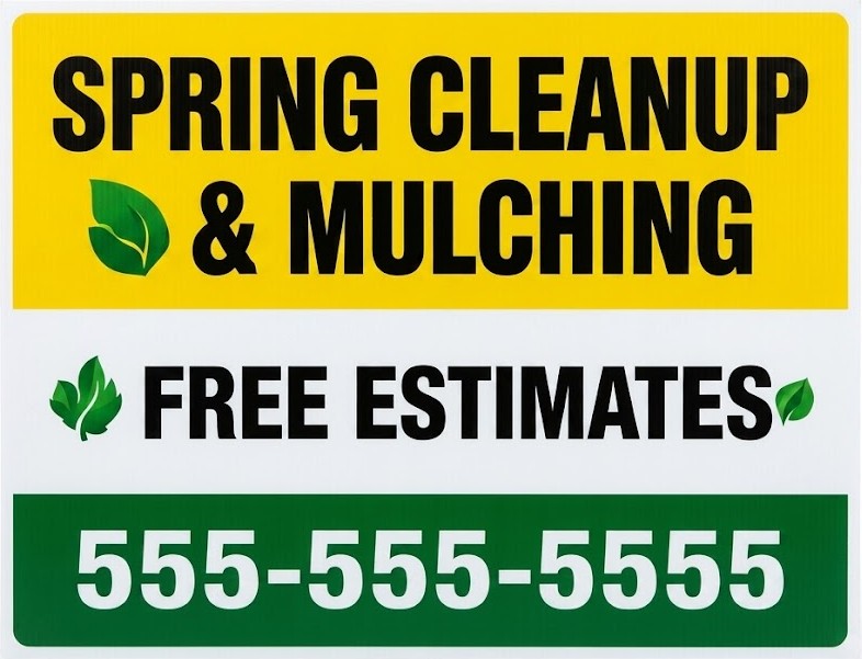 Spring Cleanup and Mulching bandit sign with free estimates for seasonal lawn care services