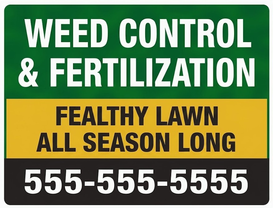 Weed Control and Fertilization bandit sign for lawn health and landscaping service leads