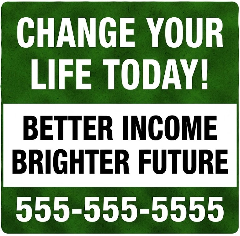 Opportunity yard sign that says Change Your Life Today with phone number