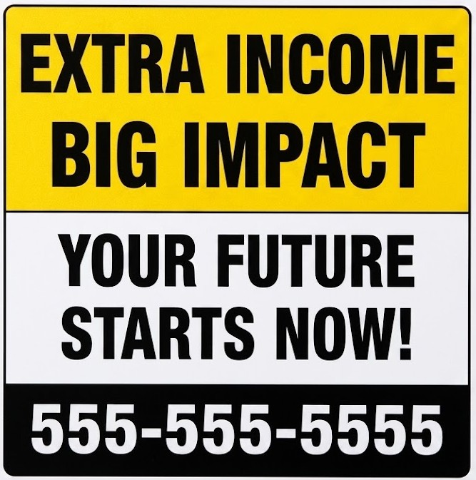 Opportunity yard sign that says Extra Income Big Impact with phone number