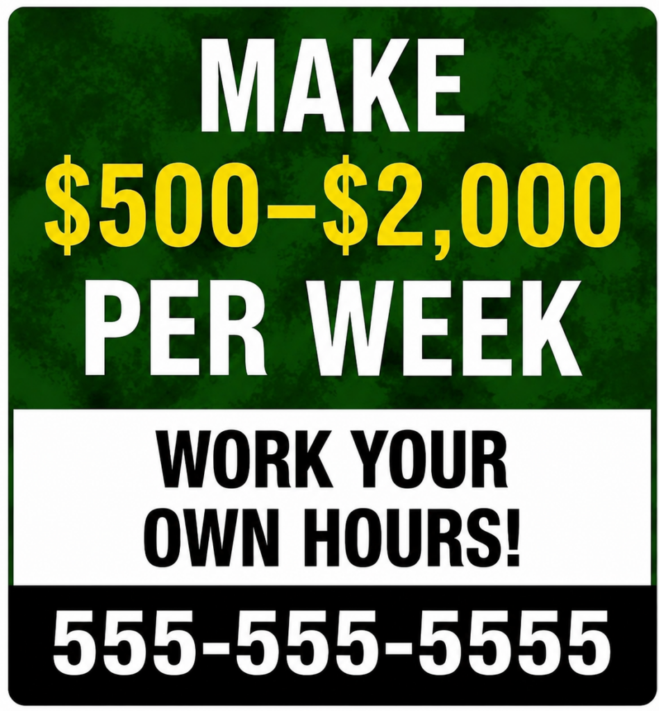Opportunity yard sign that says Make $500 to $2,000 Per Week with phone number