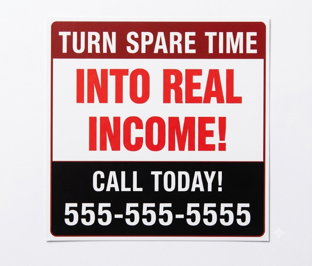 Opportunity yard sign that says Turn Spare Time Into Real Income with phone number