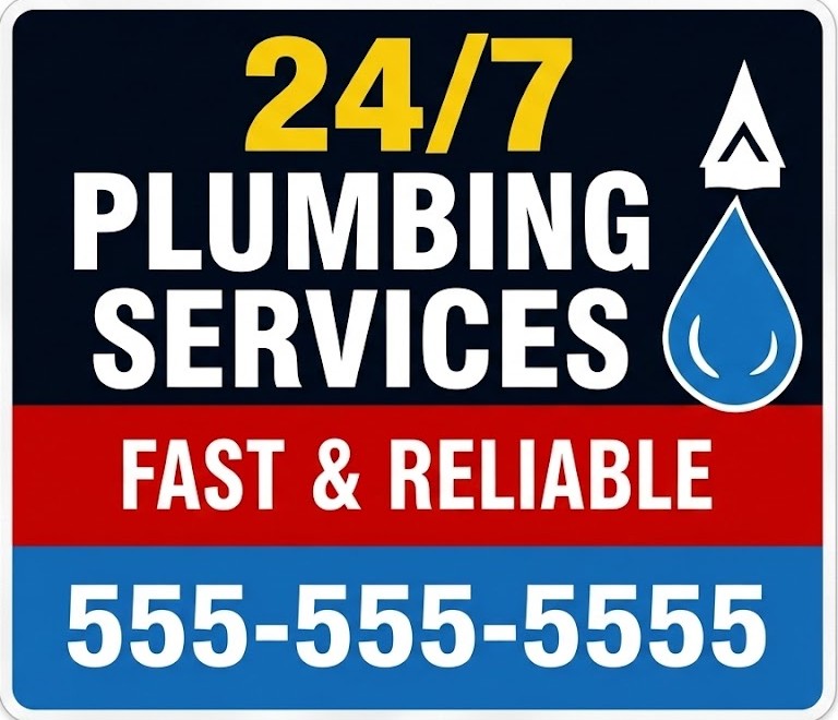 24/7 Plumbing Service bandit sign for emergency plumbing calls and after-hours service