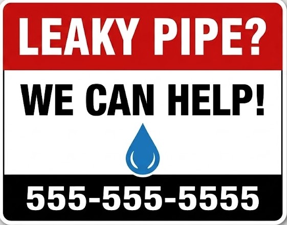 Leaky Pipe Help bandit sign for plumbers offering pipe leak repair and fast service