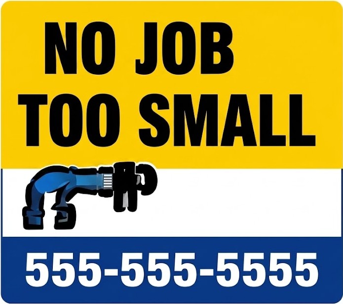No Job Too Small plumbing bandit sign for residential repair and small plumbing service calls