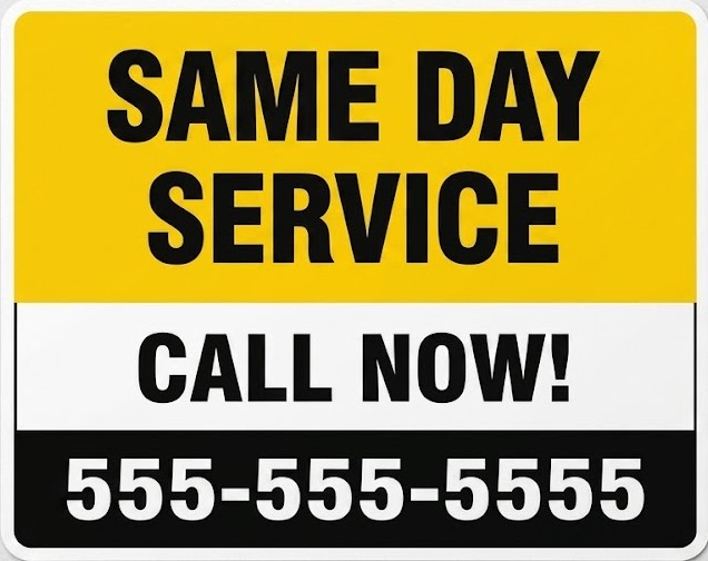 Same Day Service plumbing bandit sign with call now message for fast plumbing repairs
