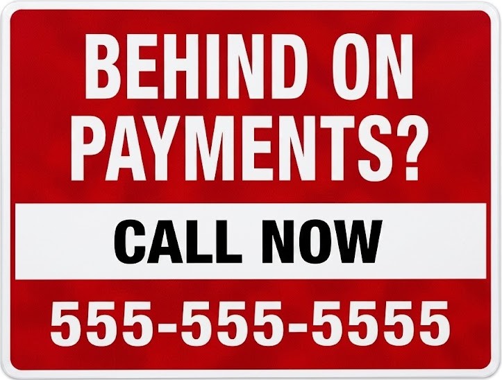 Behind On Payments bandit sign for homeowners needing help selling fast