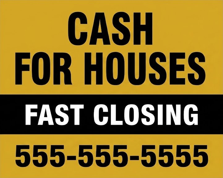Cash For Houses bandit sign with yellow and black design for quick home sale offers