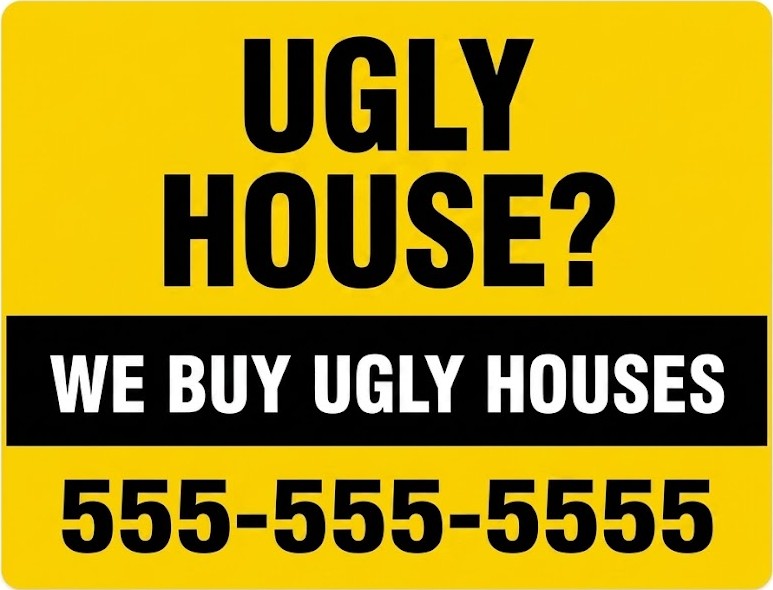 Ugly House bandit sign for investors buying distressed properties