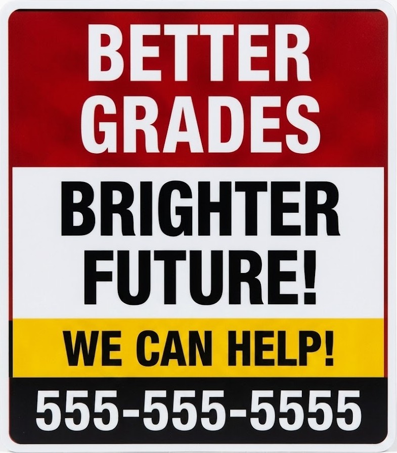 Better Grades tutoring bandit sign promoting academic improvement and student success