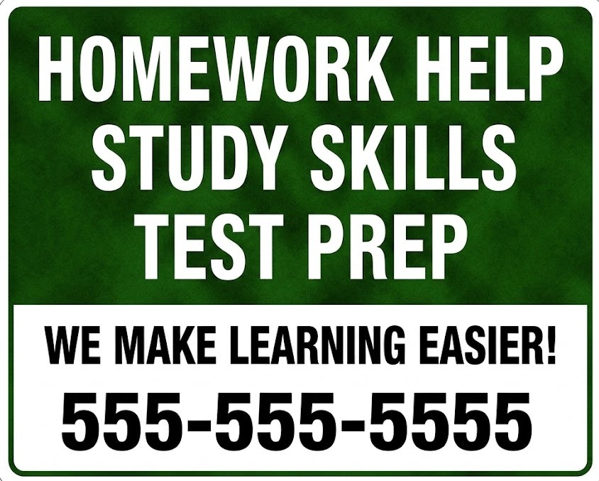 Homework Help Study Skills Test Prep tutoring bandit sign for student homework and test support