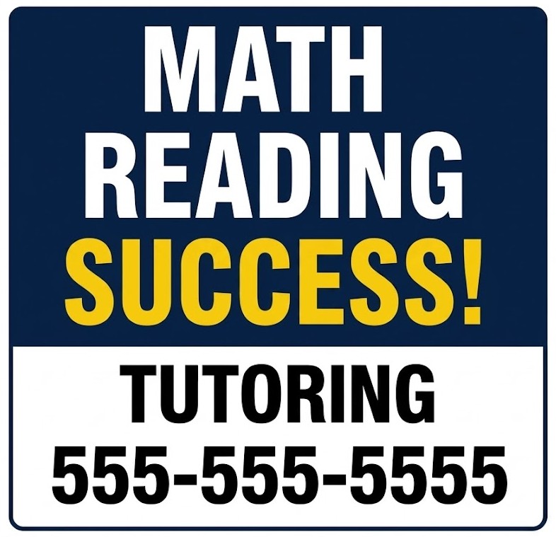 Math Reading Success tutoring bandit sign for local math and reading tutoring services